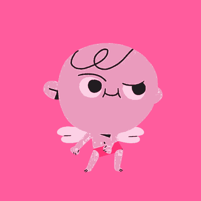a pink cartoon character with a heart behind him