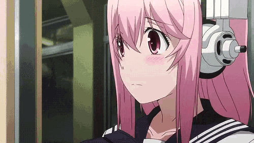 a girl with pink hair is wearing headphones and a sailor suit .