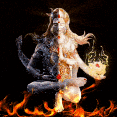 a painting of a man and a woman in a lotus position surrounded by flames