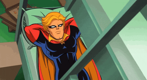a cartoon of a man in a cape laying on a bed