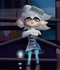 a cartoon character with glasses and a blue dress is standing on a staircase