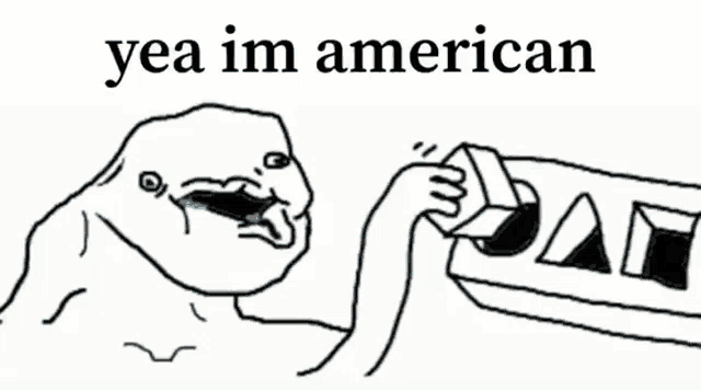 a black and white drawing of a man holding a box with the words `` yea im american '' written on it .
