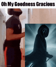 a man with a beard is next to a picture of scream