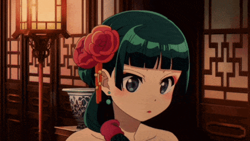 a girl with a red flower in her hair