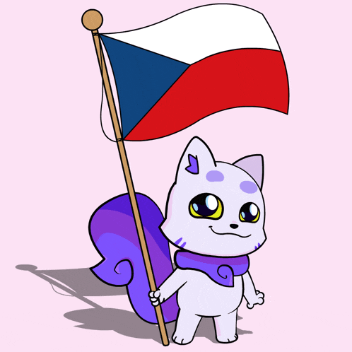 a cat with a purple tail is holding a flag