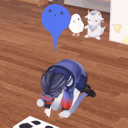 a person kneeling on the floor with a stuffed animal and a bird in the background
