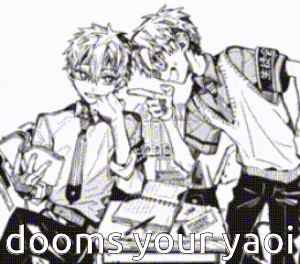 a black and white drawing of three anime characters with the words `` dooms your yaoi '' written on it .