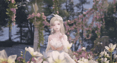 a girl with long blonde hair is standing in a field of flowers .