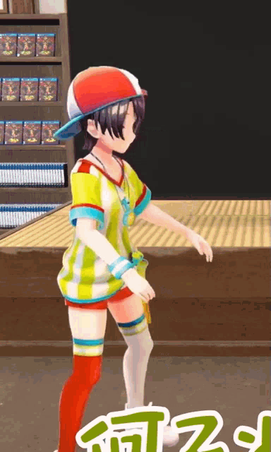 a girl in a red white and blue hat is dancing in a video game .