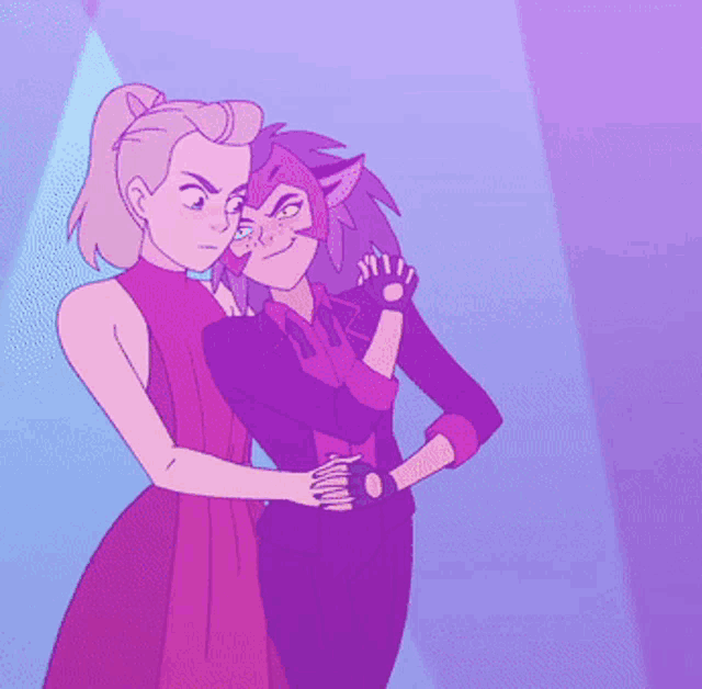 a couple of cartoon characters standing next to each other with a purple background