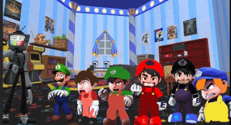 a group of cartoon characters are standing in a room with a sign that says ' pong ' on it