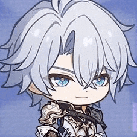 a cartoon character with white hair and blue eyes is wearing a knight 's outfit .