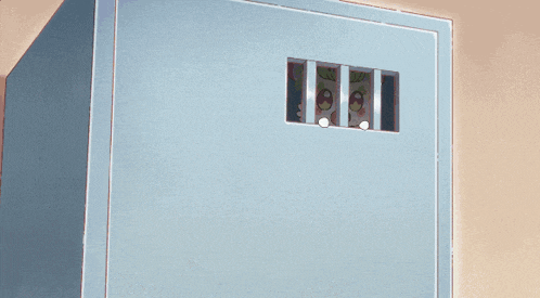 a blue locker with a window that says ' prison ' on it