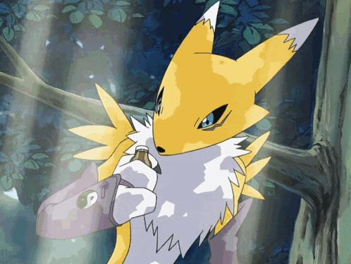 a yellow and white fox with a blue eye is holding a fish