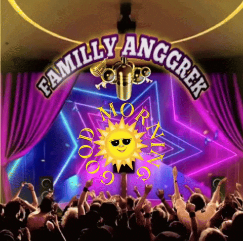 a group of people are dancing in front of a stage that says family anggrek good morning