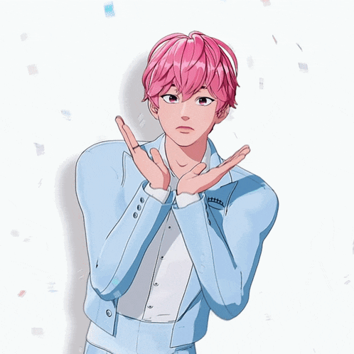 a drawing of a boy with pink hair making a funny face