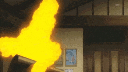 a fire is coming out of a box in a room in a cartoon .