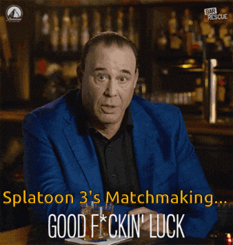 a man in a blue suit is sitting at a bar and says " splatoon 3 's matchmaking "
