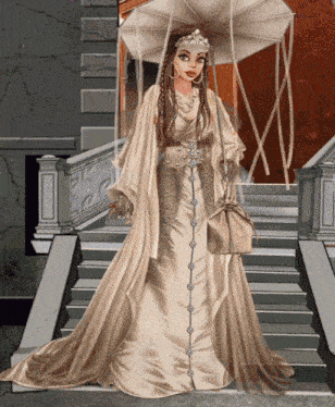 a cartoon of a woman in a long white dress holding an umbrella