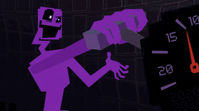 a purple cartoon character is standing next to a clock that says 15 20 and 2021