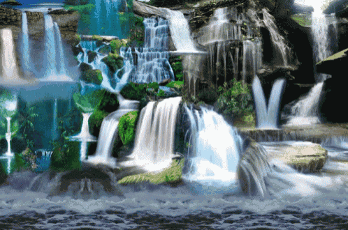 a collage of waterfalls in a forest with a blue sky
