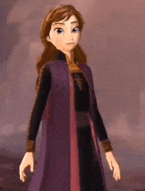 anna from frozen is wearing a purple dress and a black jacket .