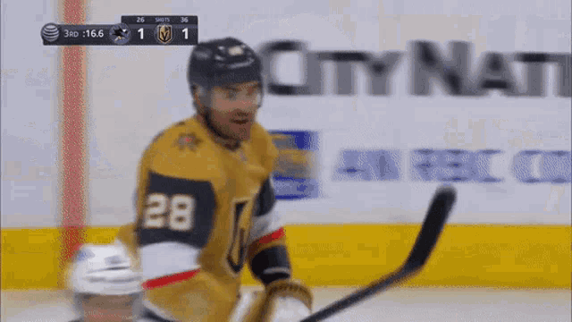 a hockey player with the number 28 on his jersey is smiling