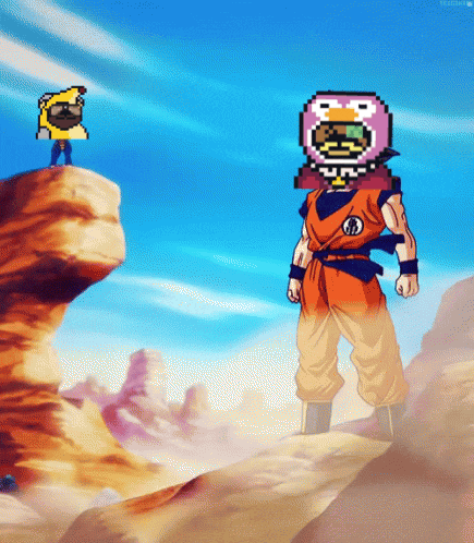 a pixel art of a man in a dragon ball outfit standing on top of a mountain