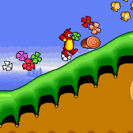a pixel art of a bird flying over a log and flowers