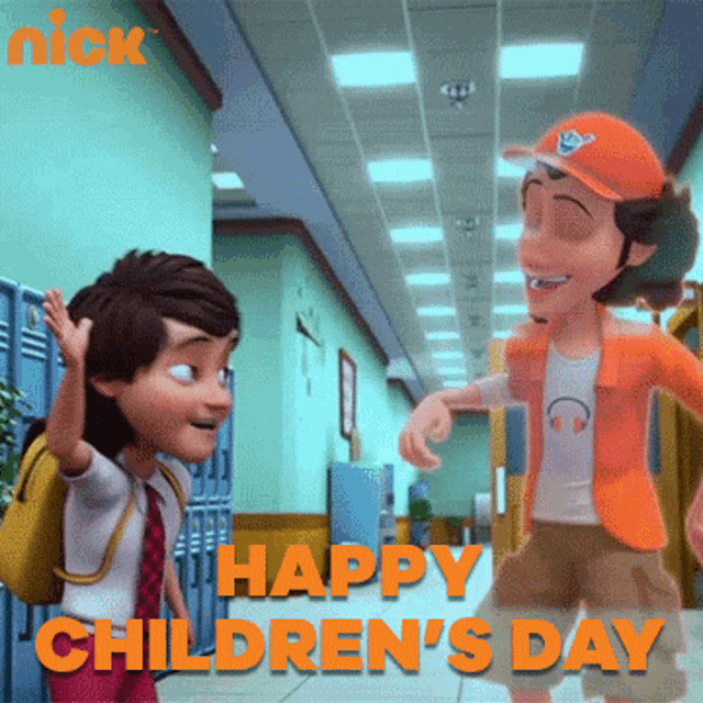 a nick cartoon says happy children 's day in orange letters