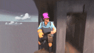 a man with a pink hat and overalls is standing in a hallway