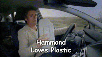 a man is driving a car and the words hammond loves plastic are above him