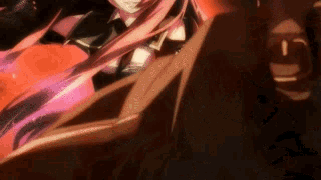 a girl with pink hair is standing next to a man in a dark room