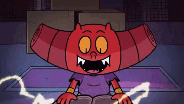 a red cartoon character is reading a book with lightning coming out of it
