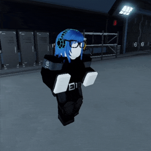 a cartoon character with blue hair and glasses is standing in a dark room with lockers