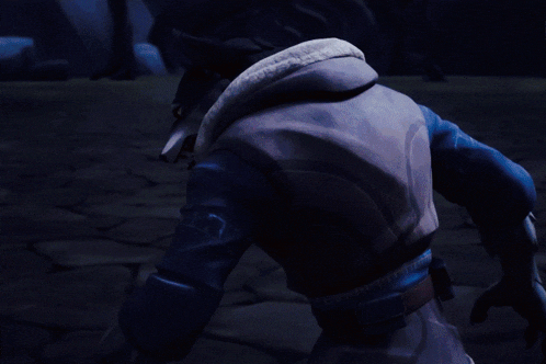 a werewolf with red eyes and a blue jacket