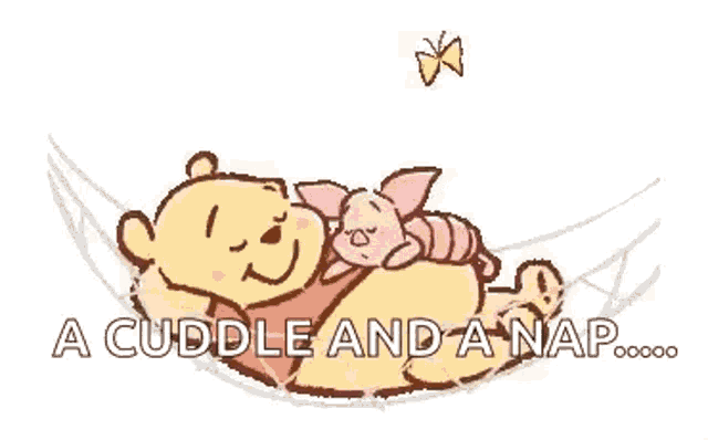 winnie the pooh and piglet are sleeping in a hammock together .