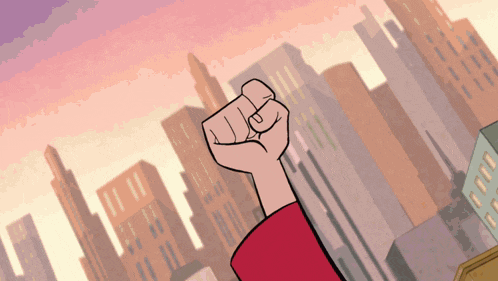 a fist is raised in the air with a city in the background