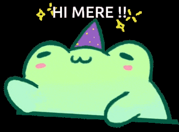 a frog wearing a party hat says hi mere !!
