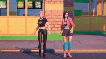 two girls are standing next to each other in front of a restaurant
