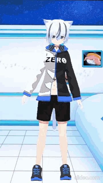 a cartoon character wearing a black and white jacket that says zero