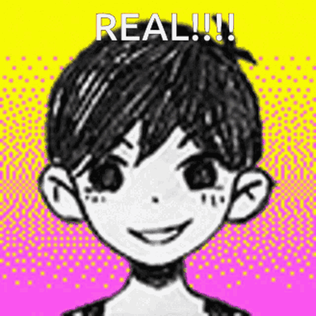 a black and white drawing of a boy with the words real !!! written on it .