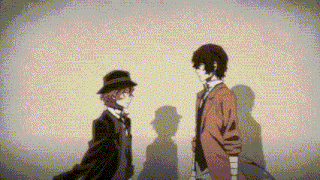 two anime characters are standing next to each other and their shadows are casting on the wall .