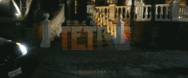 a poster for derek wing tetris shows a car parked in front of a building