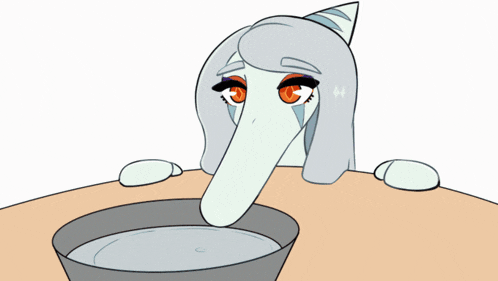 a cartoon drawing of a woman drinking from a bowl