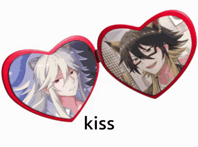 a heart shaped mirror with two anime characters on it and the word kiss below it