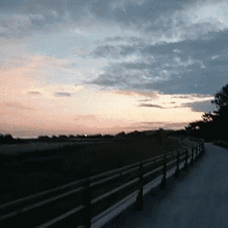 a sunset with a fence in the foreground and trees in the background