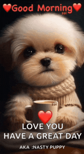 a puppy is holding a cup of coffee with a heart on it