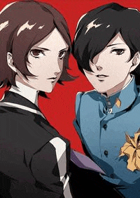 two anime characters standing next to each other on a red background .