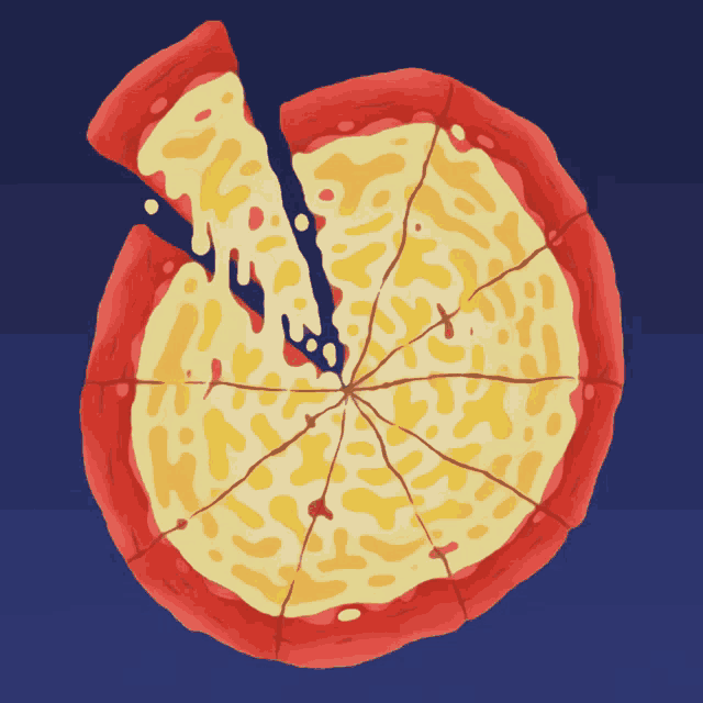 a pizza with a slice taken out of it on a dark blue background